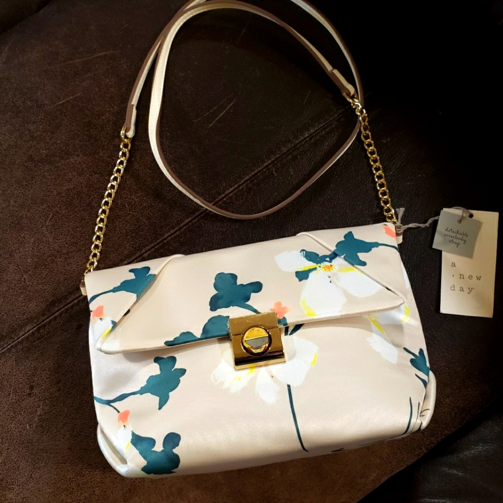 a new day Cream Crossbody Bag with Teal Floral Accents